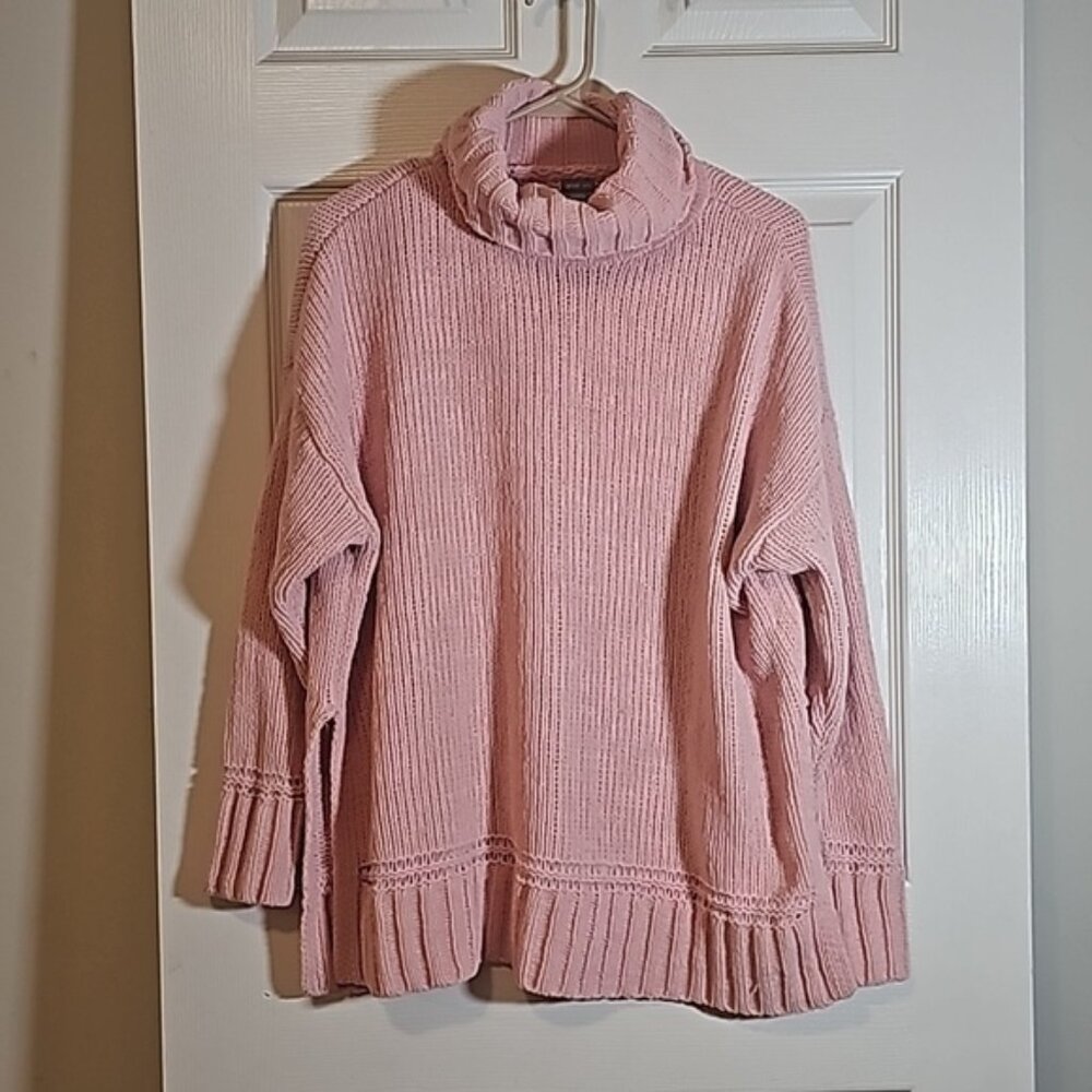 Aerie Turtleneck Sweater Oversized High Collar Slit Sides Pink Chunky Size XS